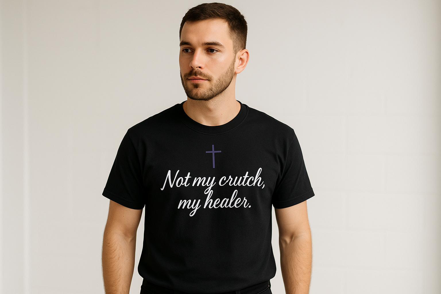 Model wearing "Not my crutch, my healer" t-shirt