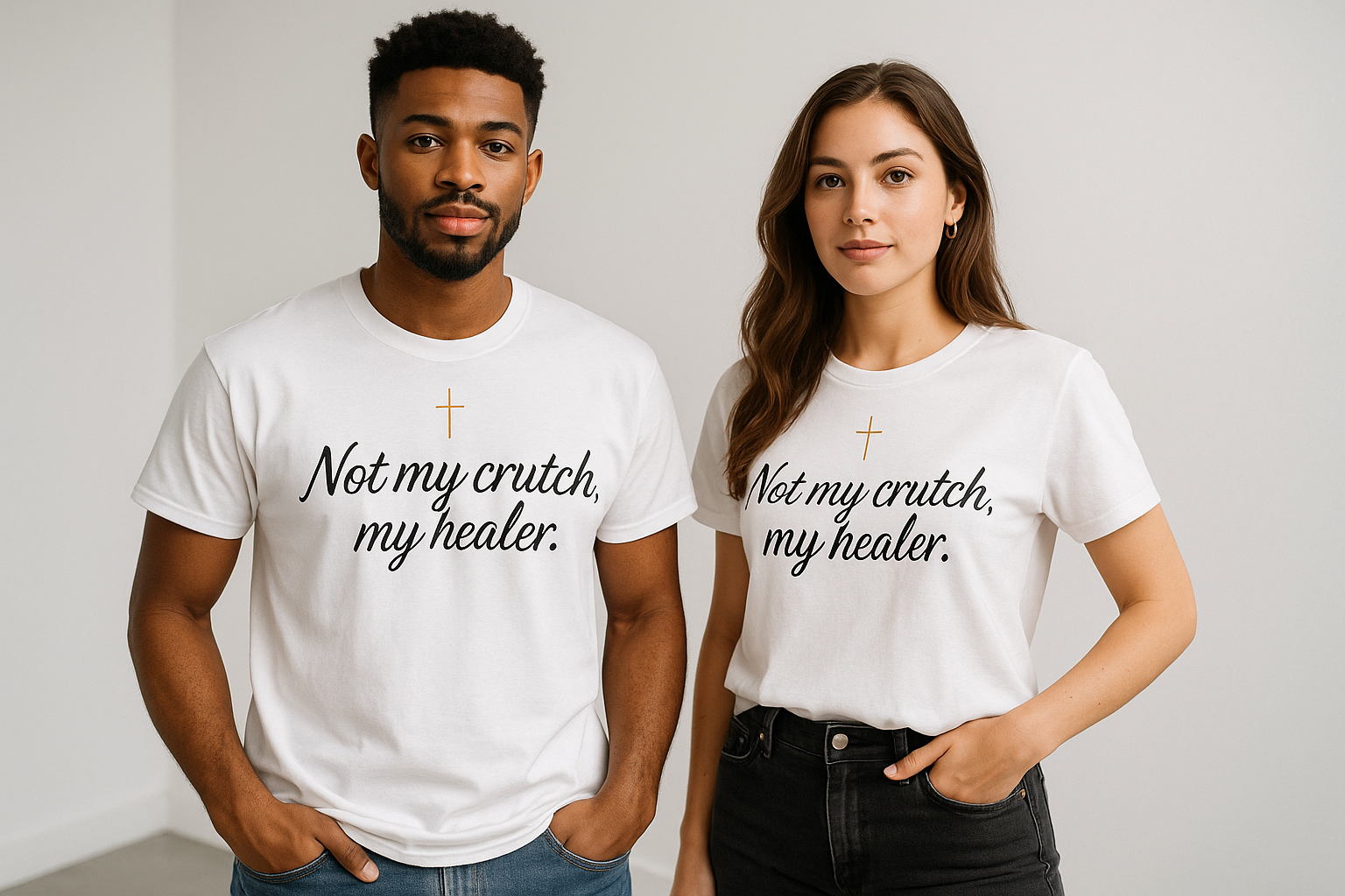 Young models wearing white "Not my crutch, my healer" t-shirt